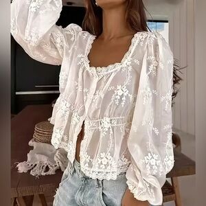 White Lace Embroidered Button Down Shirt Blouse Size XL